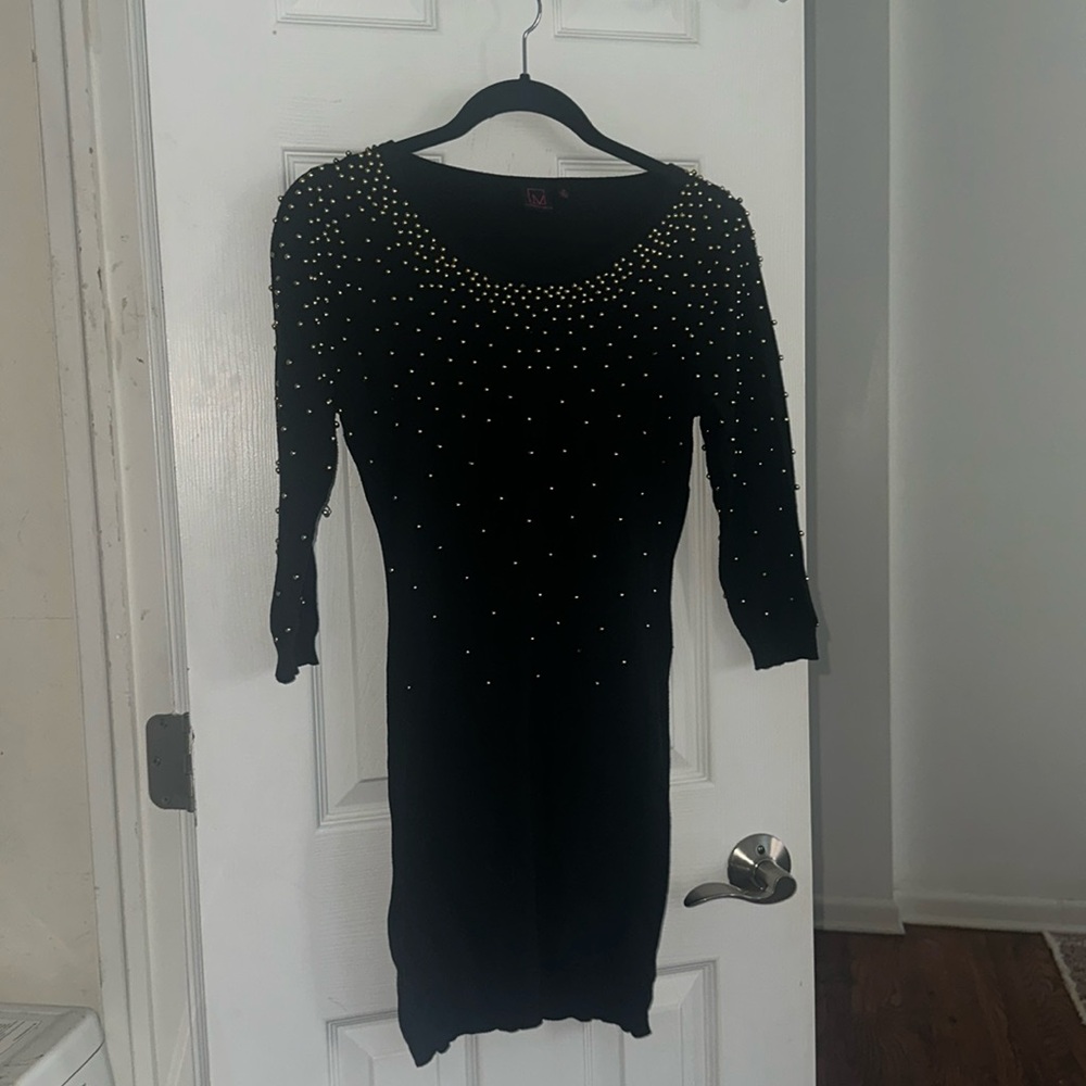 Macy’s Material Girl Black Bodycon Dress Gold Beads